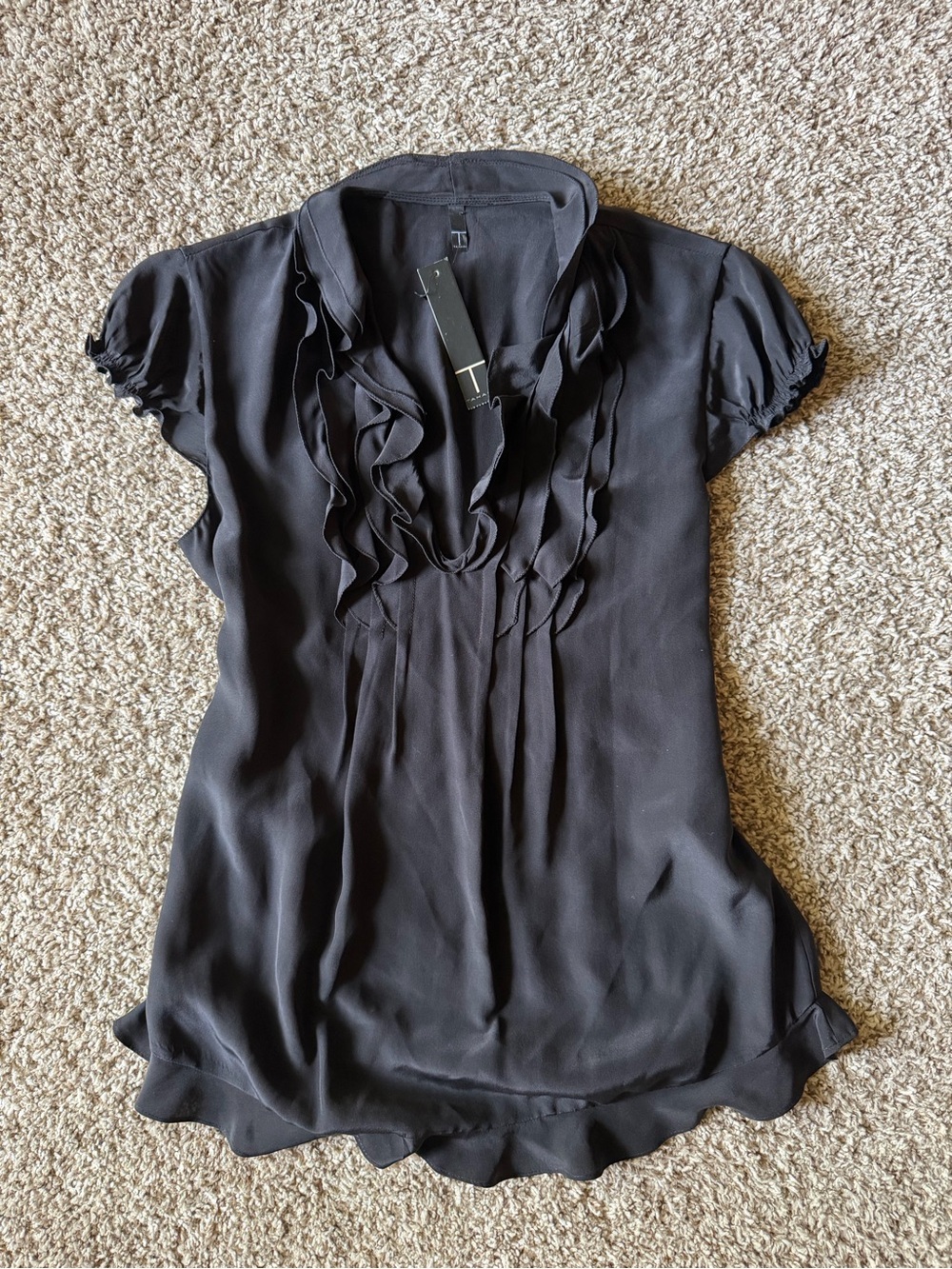 Tahari Black Ruffle-Front Short Sleeve Blouse